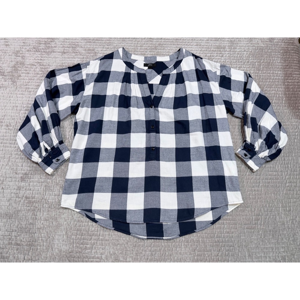 J.CREW Navy White Buffalo Plaid Cotton Popover Blouse Size Small - Picture 1 of 6
